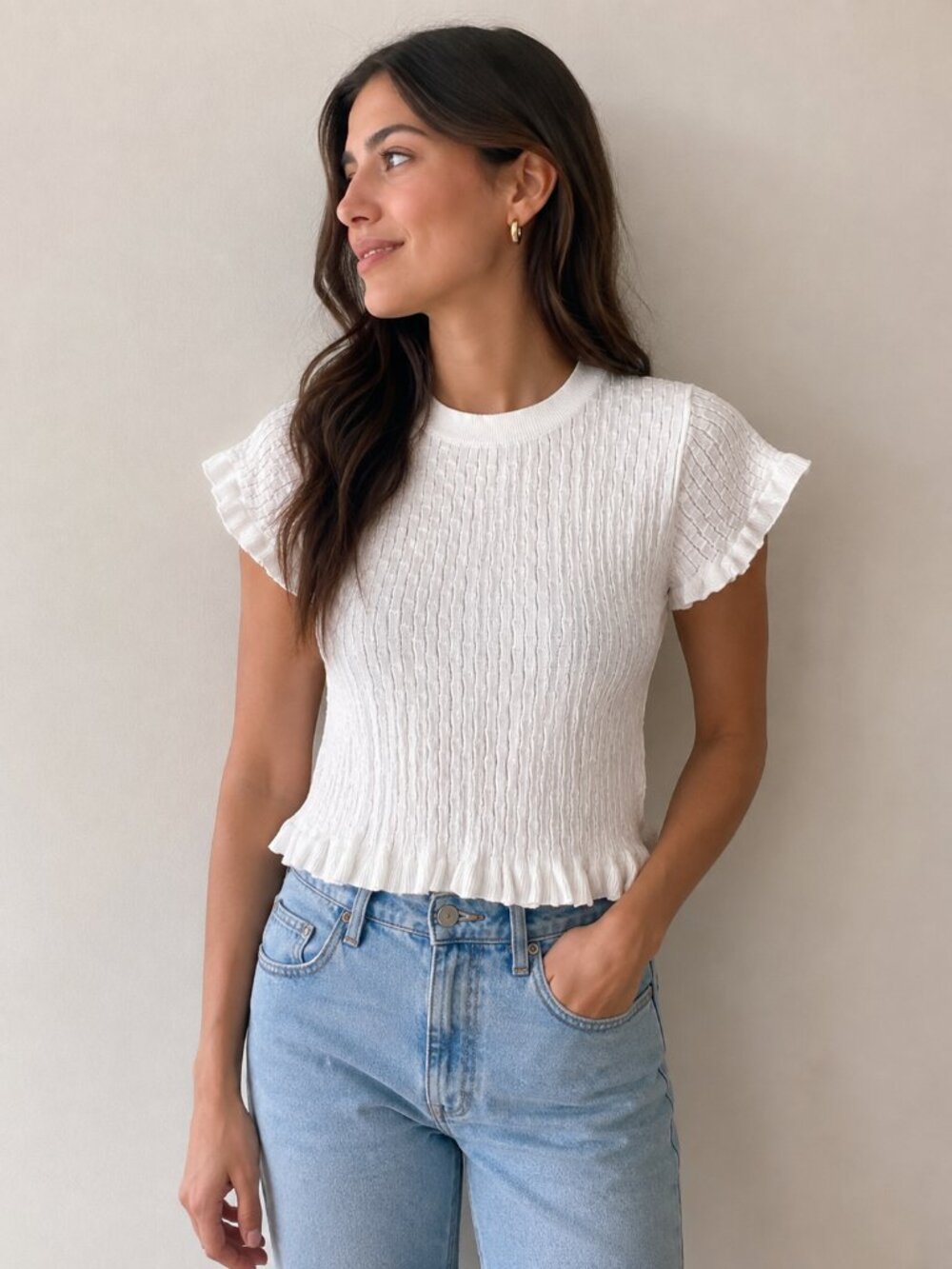 Max Studio London Ivory Textured Ruffle Hem Sweater Top Size S